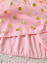 Young Girl Summer Cap Sleeve Letter Print Polka Dot & Mesh Splice Mini Dress